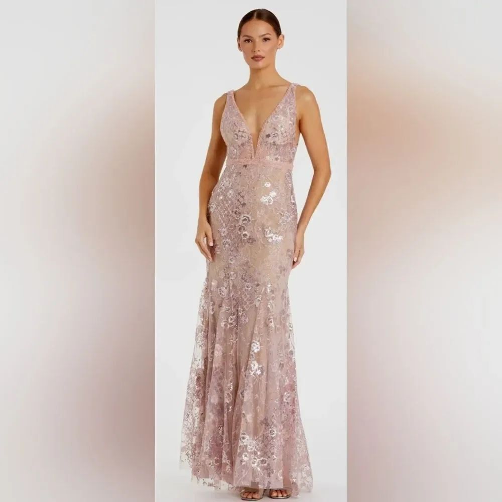 Mac Duggal 67481 Floral Embellished Sleeveless Plunge Neck Gown NWT Sz 12 Pink
